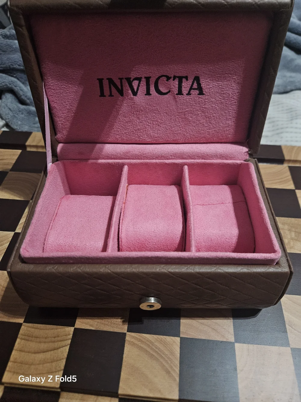 Invicta Brown Quilted Watch Case with Pink Stitching 3 Slots